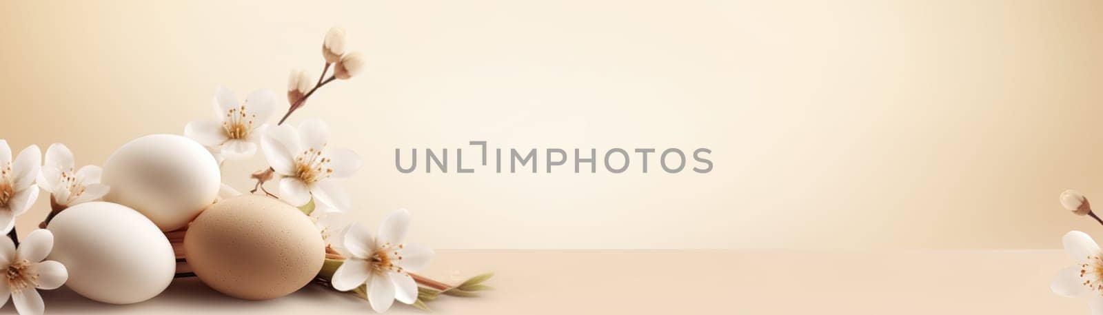 Natural Easter background with eggs, flowers and copy space. Soft, beige color. Perfect for spring themes, Easter content, and rustic or minimalist design projects. Panoramic banner. Generative AI