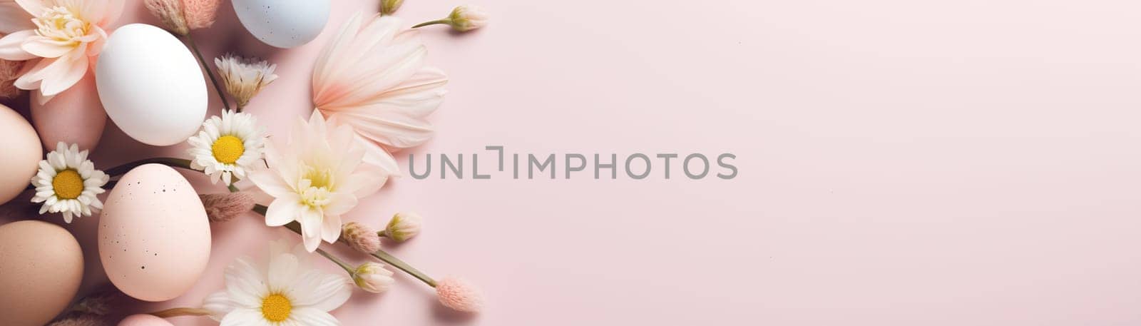 Enchanting Easter background with eggs, flowers and copy space for text. Soft, pastel colors. Tranquil and joyful scene. Perfect for holiday-themed designs. Panoramic banner. Generative AI