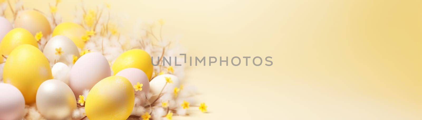 Yellow Easter background with eggs, flowers and copy space for text. Soft, pastel colors. Tranquil and joyful scene. Perfect for holiday-themed designs. Panoramic banner. Generative AI