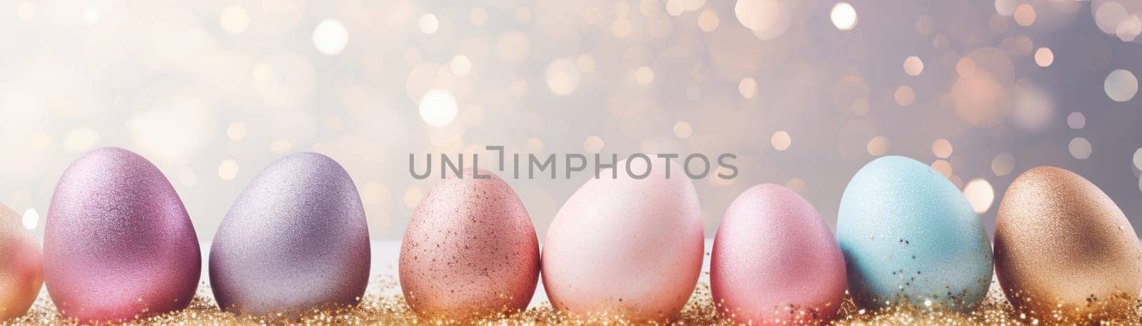 Enchanting Easter background with eggs, glitter, bokeh lights and copy space for text. Pastel colors. Tranquil and joyful scene. Perfect for holiday-themed designs. Panoramic banner. Generative AI