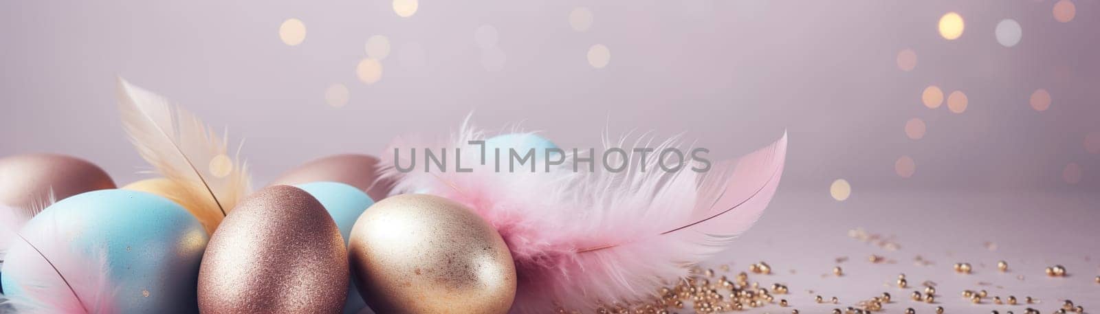 Enchanting Easter background with eggs, glitter, bokeh lights and copy space for text. Pastel colors. Tranquil and joyful scene. Perfect for holiday-themed designs. Panoramic banner. Generative AI