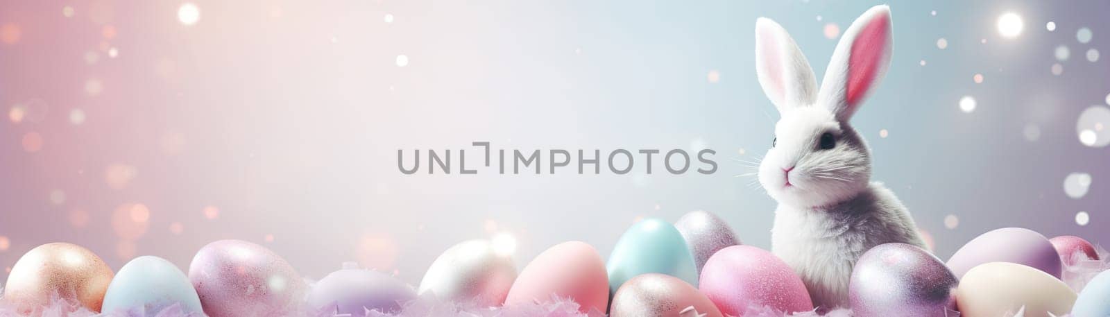 Beautiful Easter background with eggs, glitter, cute bunny and copy space for text. Soft, pastel colors. Tranquil and joyful scene. Perfect for holiday-themed designs. Panoramic banner. Generative AI