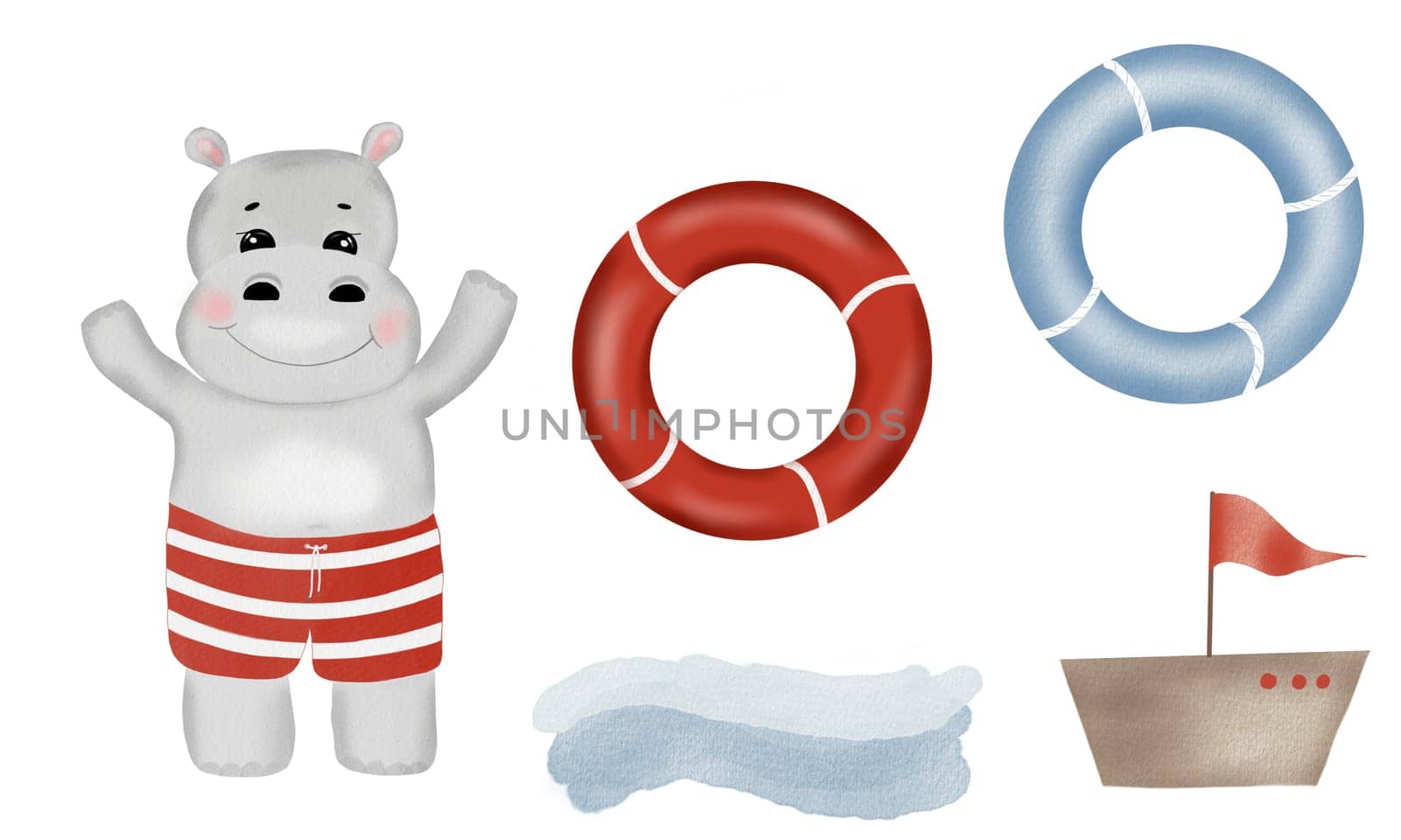 Hand-drawn watercolor set with a hippopotamus in a marine style. A cheerful character in swimming trunks with a lifebuoy in red and blue, a wave and a boat. For printing on children's textiles and baby shower cards. High quality illustration