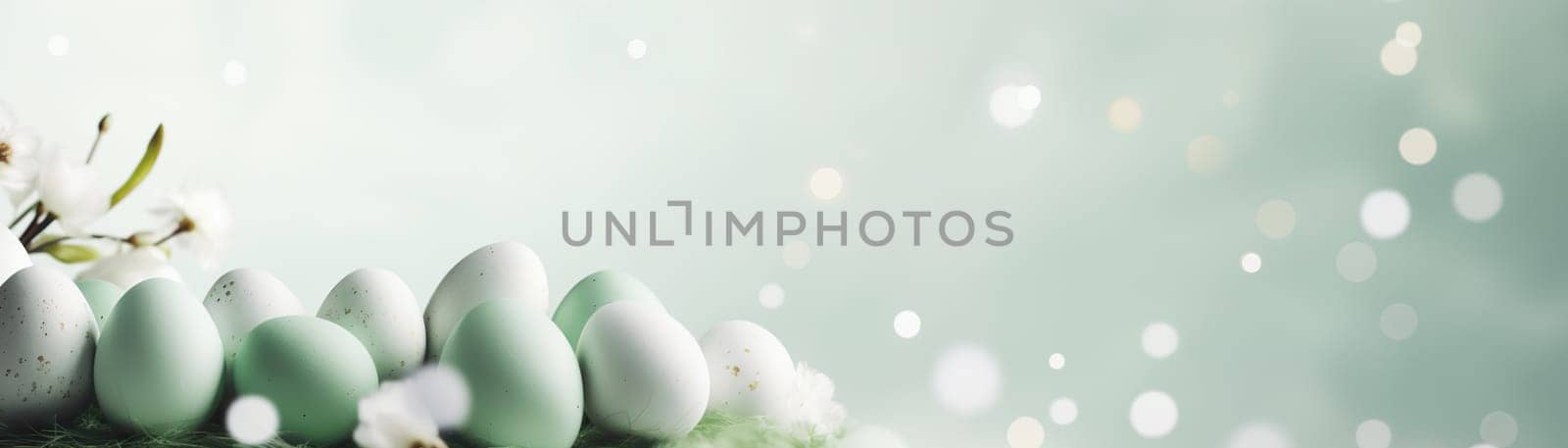 Green Easter background with eggs, flowers, bokeh lights and copy space for text. Soft, pastel colors. Tranquil and joyful scene. Perfect for holiday-themed designs, greeting cards. Generative A