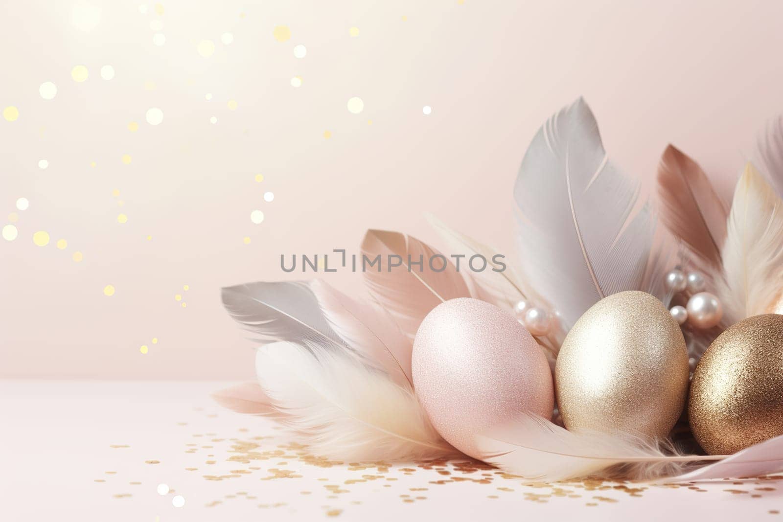 Enchanting Easter background with eggs, feathers, glitter and copy space for text. Soft, pastel colors. Tranquil and joyful scene. Perfect for holiday-themed designs, greeting cards. Generative AI. by creativebird