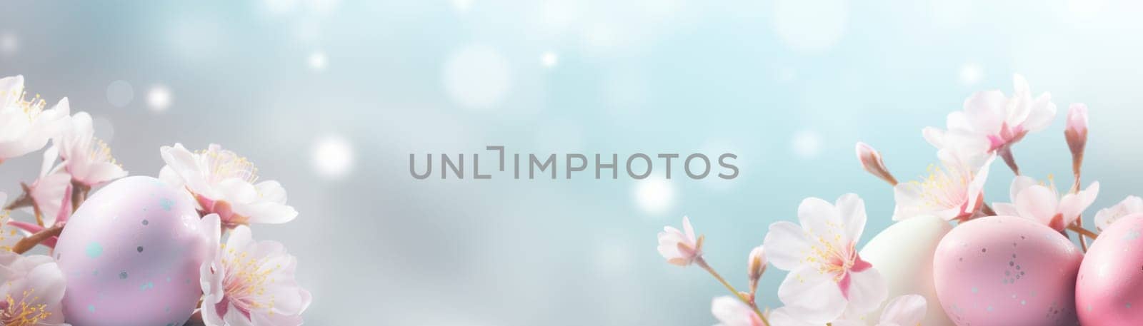 Enchanting Easter background with eggs, flowers, bokeh lights and copy space for text. Soft pastel colors. Tranquil and joyful scene. Perfect for holiday-themed designs, greeting cards. Generative AI