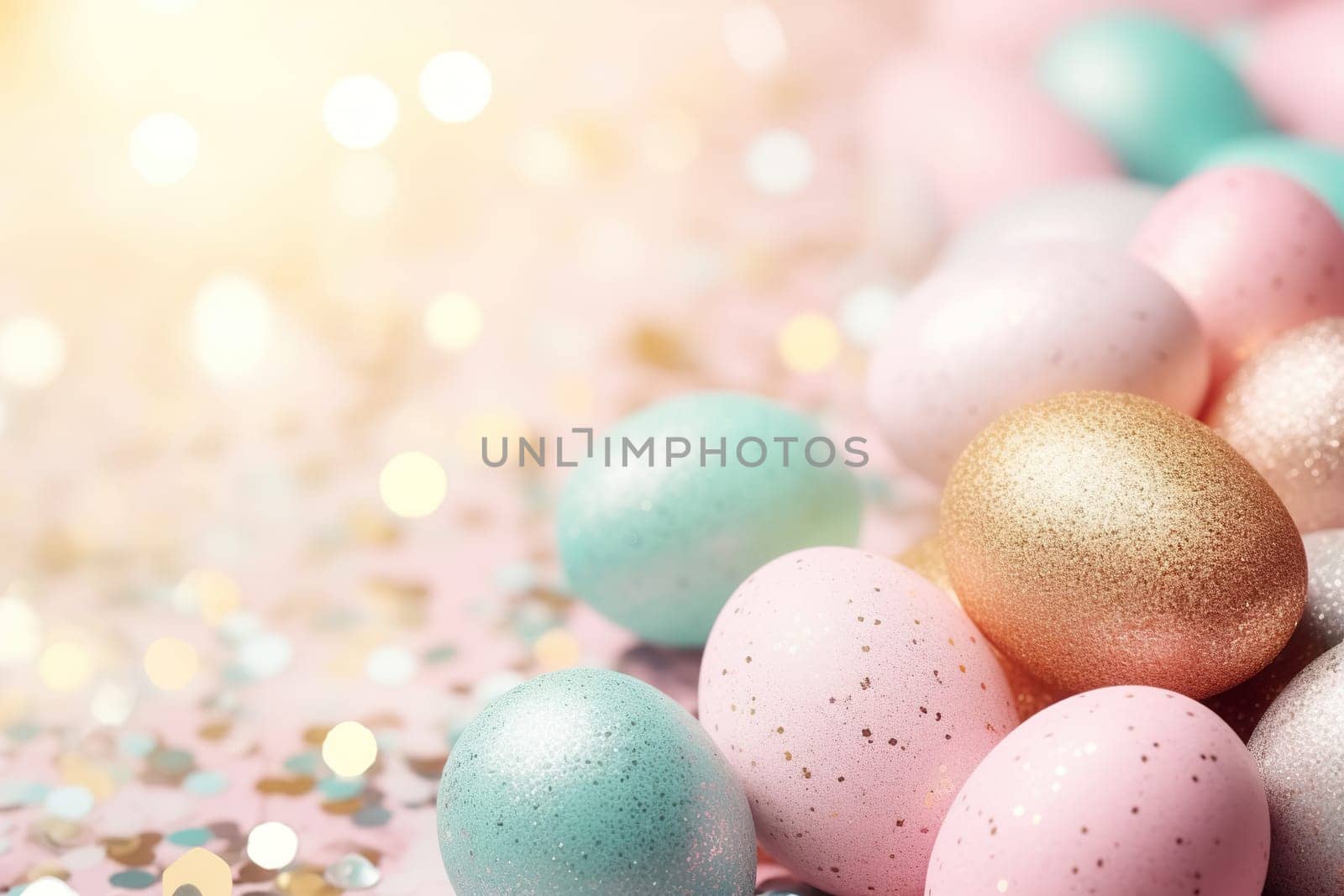 Enchanting Easter background with eggs, bokeh lights and copy space for text. Soft, pastel colors. Tranquil and joyful scene. Perfect for holiday-themed designs, greeting cards. Generative AI