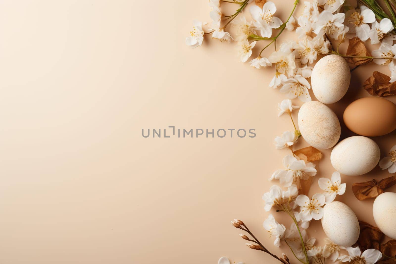 Natural Easter background with eggs, flowers and copy space for text. Soft, beige color. Perfect for spring themes, Easter content, and rustic or minimalist design projects. Generative AI