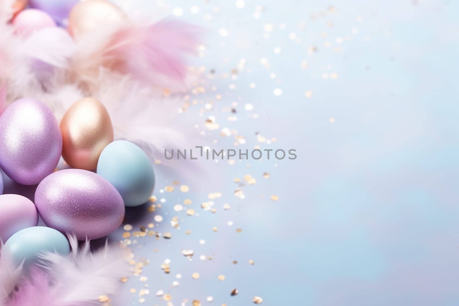Enchanting Easter background with eggs, feathers, glitter and copy space for text. Soft, pastel colors. Tranquil and joyful scene. Perfect for holiday-themed designs, greeting cards. Generative AI. by creativebird
