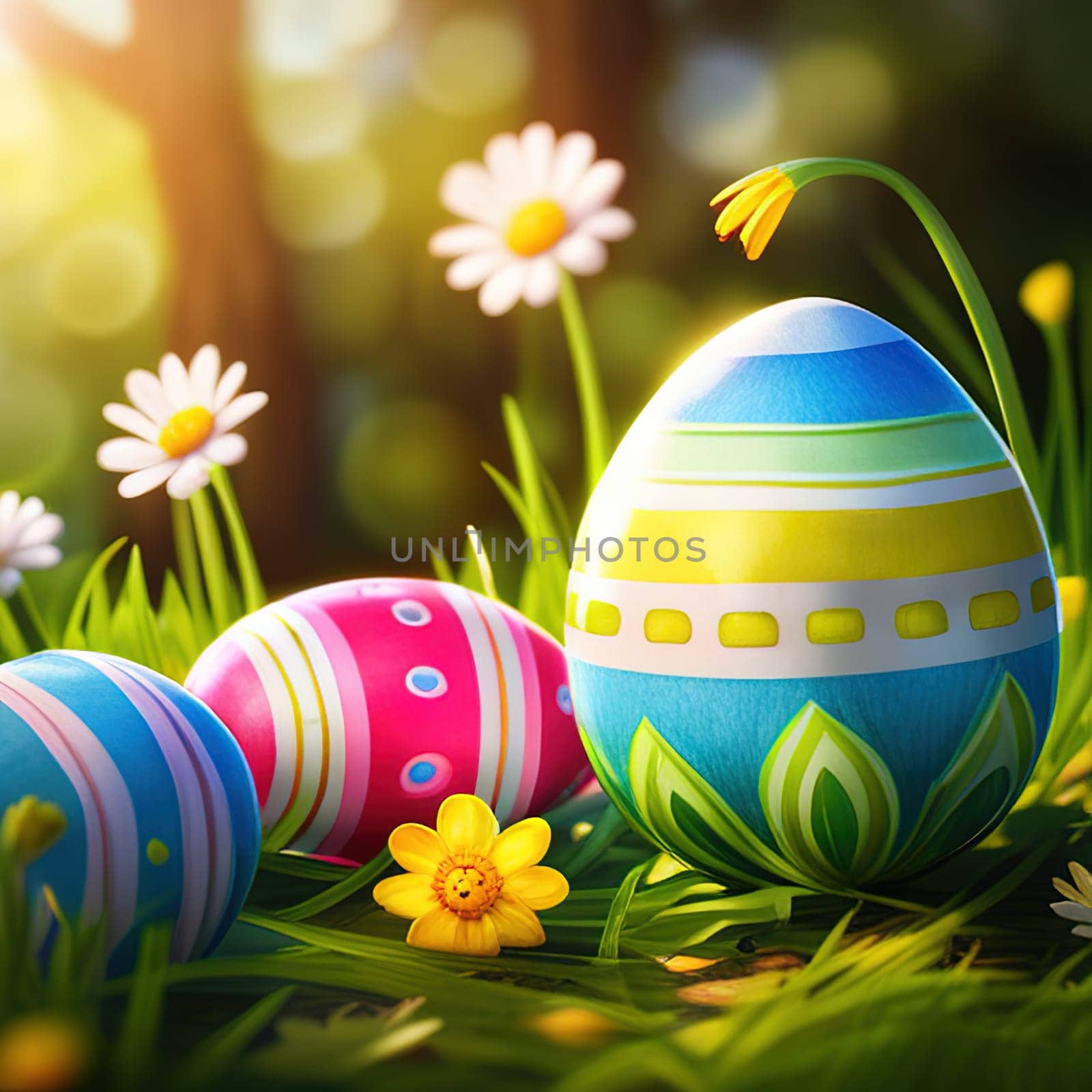 Close-up of easter eggs on grassy field with flowers in a sunny garden