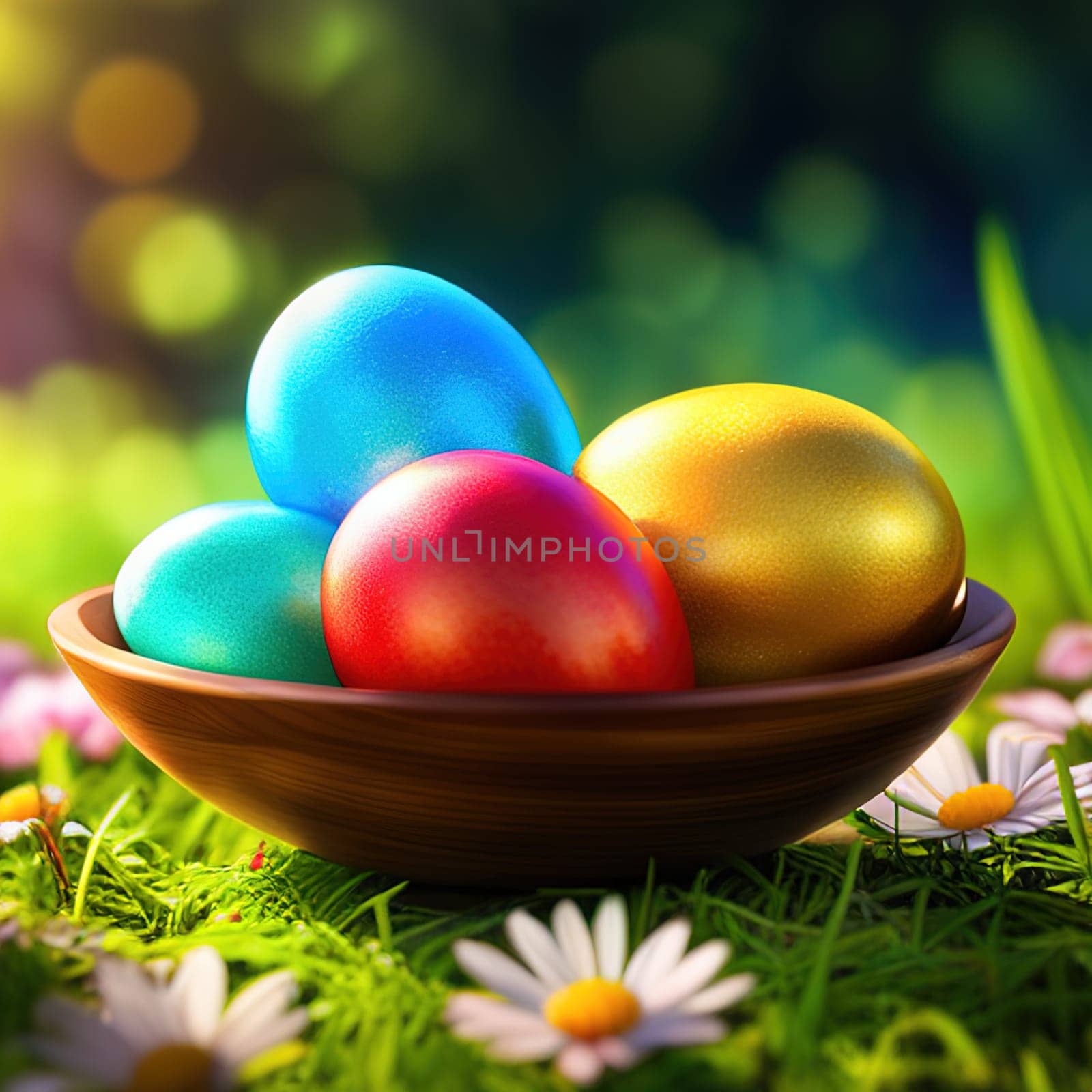 Basket with easter eggs in grass on a sunny spring day Easter decoration, banner, panorama, background.