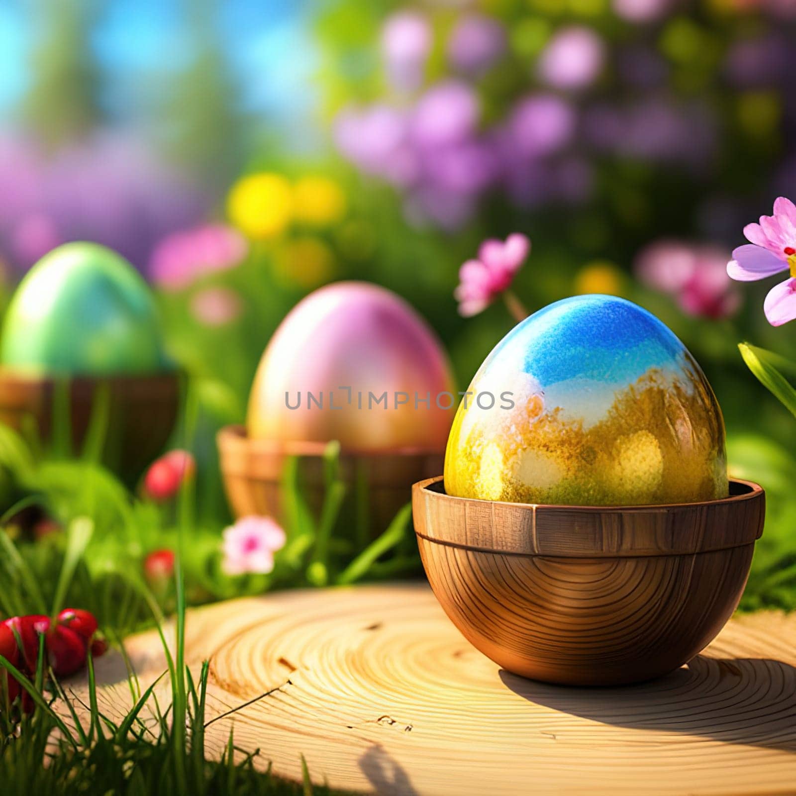 Easter basket with eggs and flowers, sunny meadow background, green grass by EkaterinaPereslavtseva