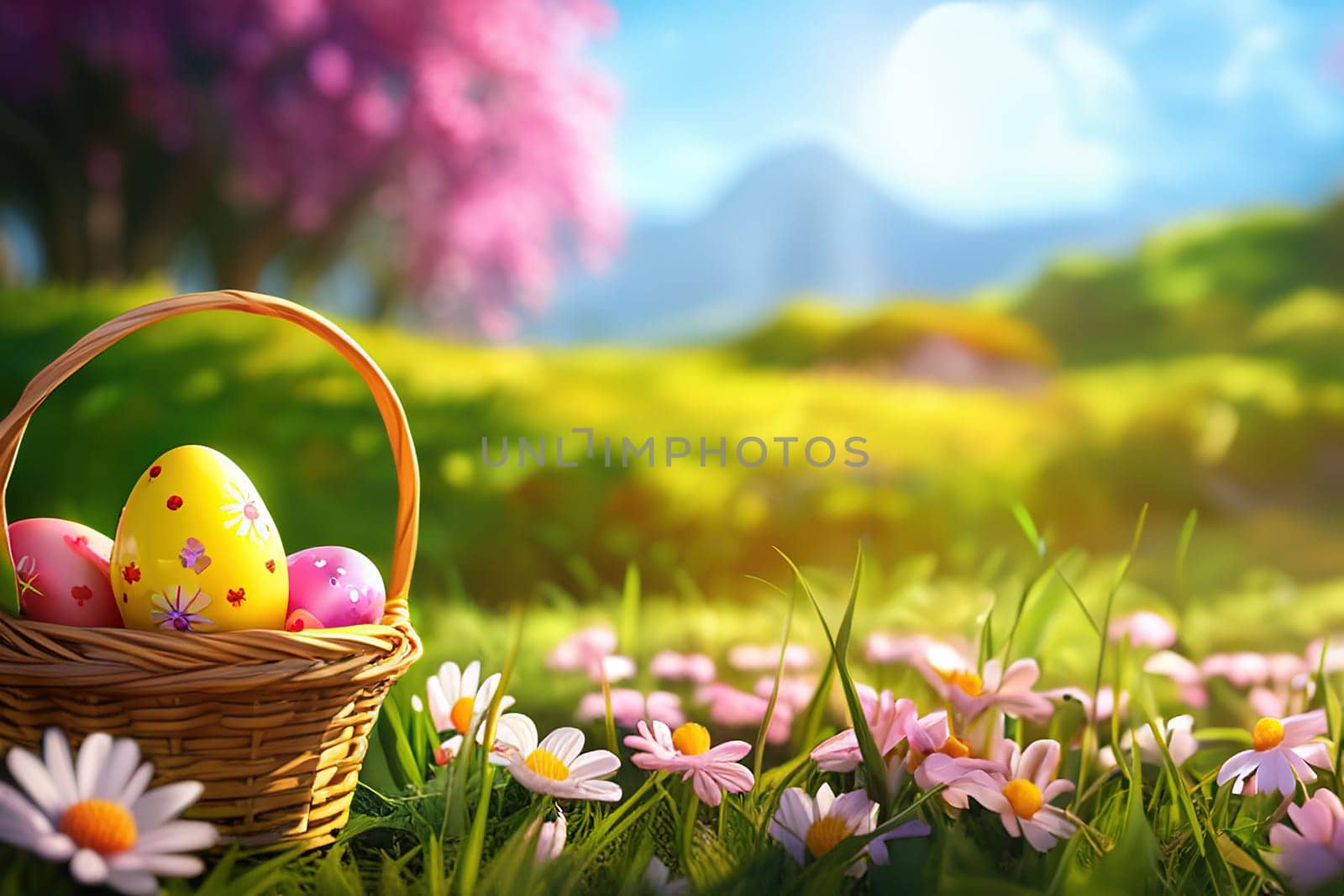 Easter, Painted Eggs In Basket On Grass In Sunny Orchard with Blooming Flowers