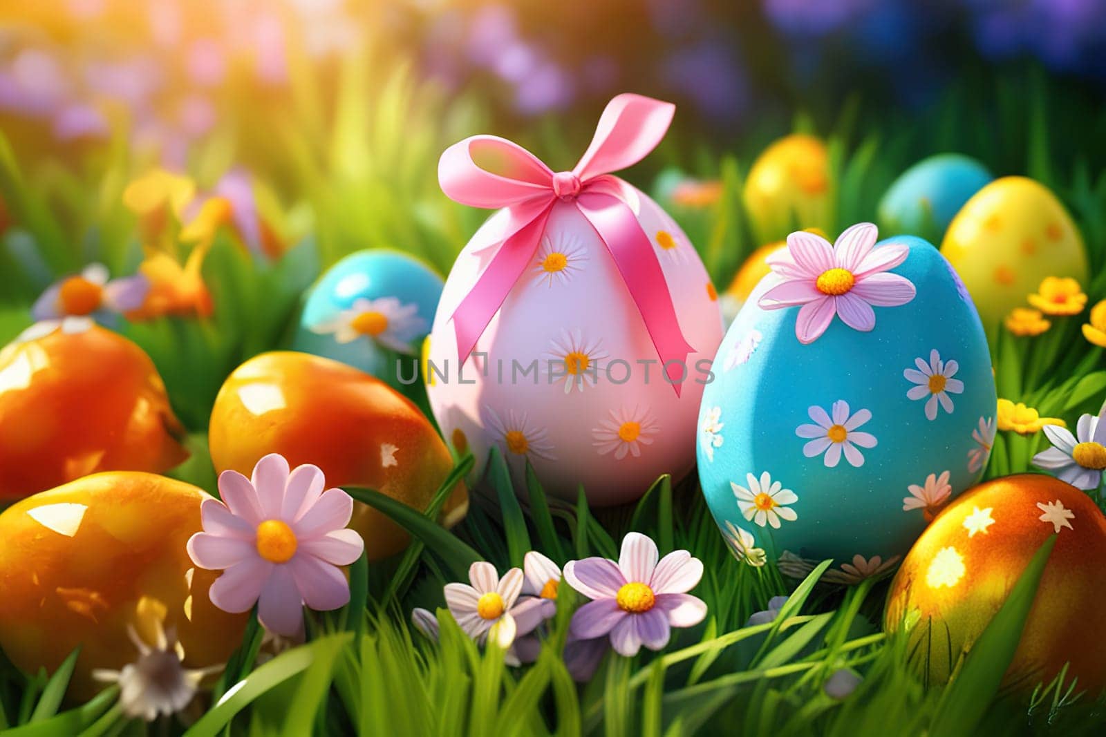 Basket full of colorful easter eggs on green grass in the garden on a sunny day.