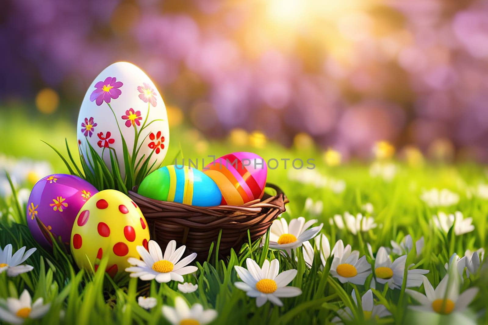 Basket full of colorful easter eggs on green grass in the garden on a sunny day.