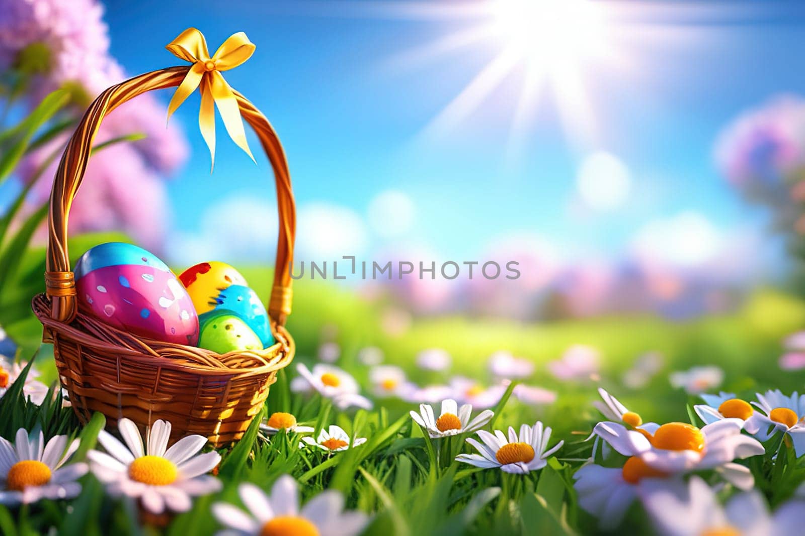 Easter, Painted Eggs In Basket On Grass In Sunny Orchard with Blooming Flowers