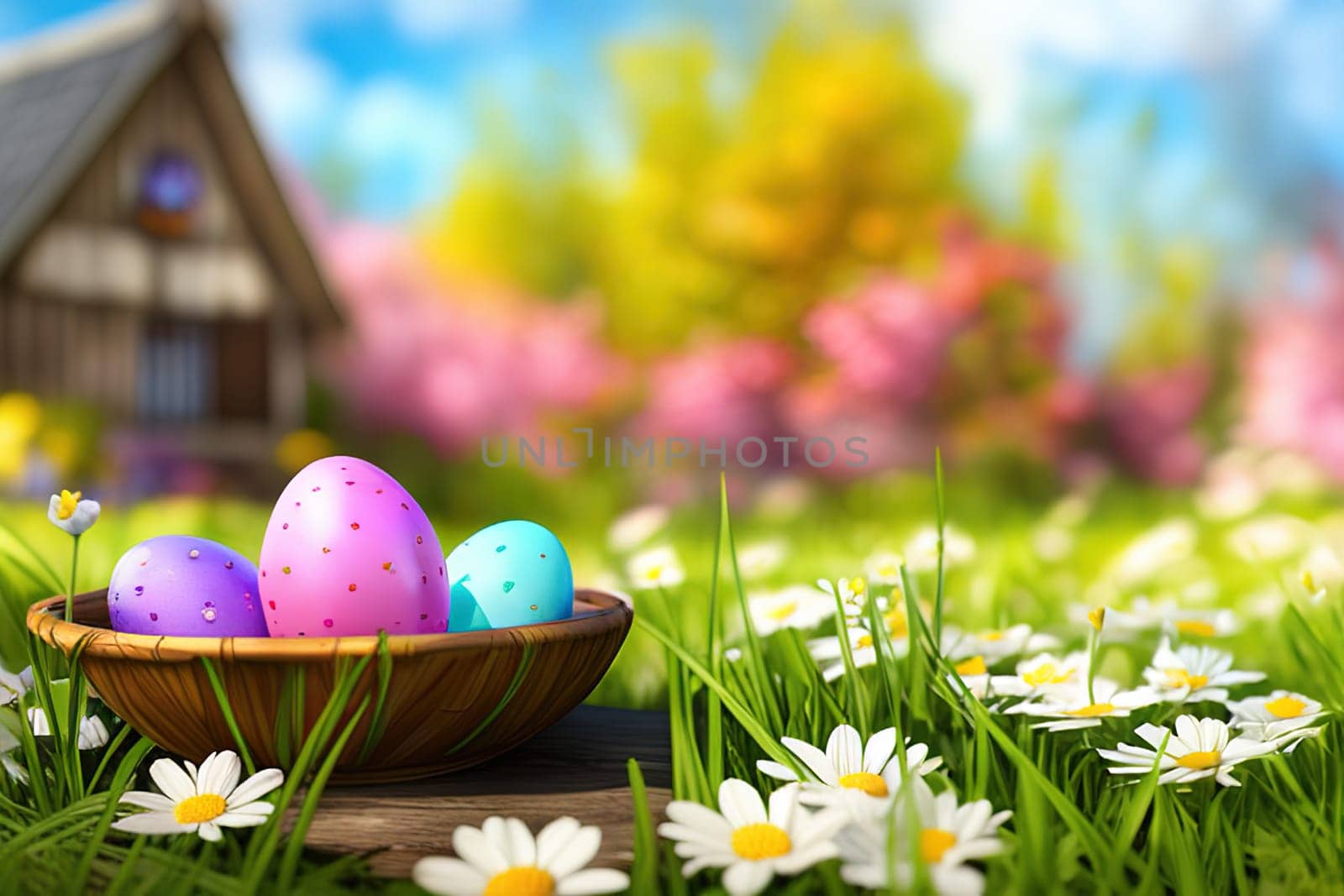 Basket of easter eggs on green grass with flowers at sunny day.