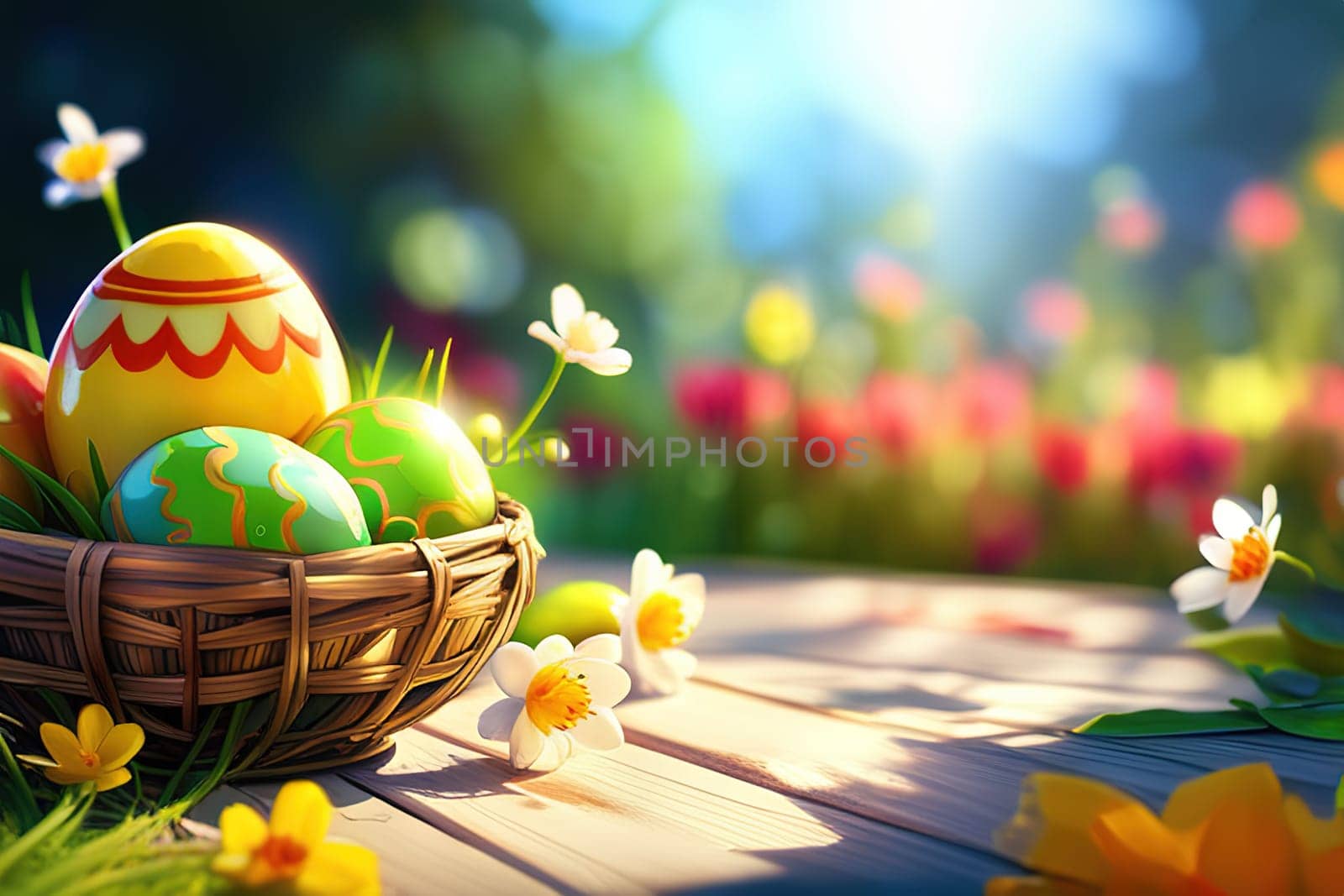 Close-up of easter eggs on grassy field with flowers in a sunny garden