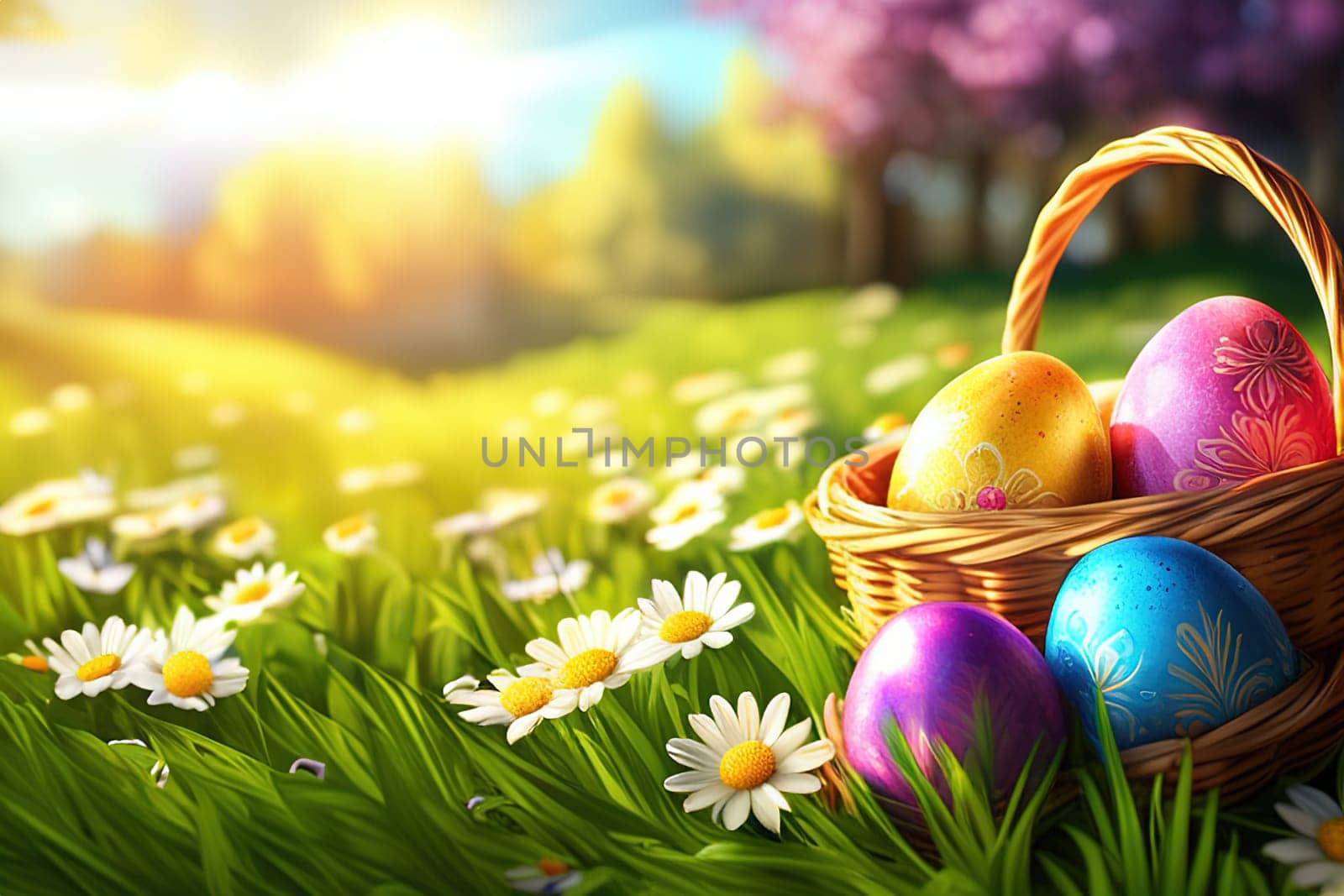 Basket full of colorful easter eggs on green grass in the garden on a sunny day.