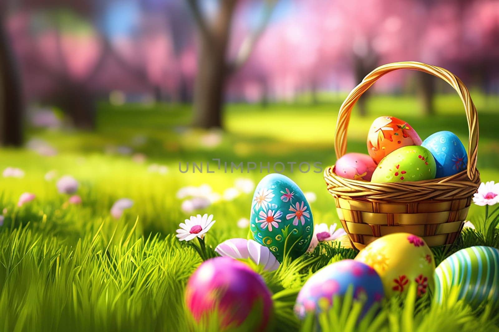 Basket with easter eggs in grass on a sunny spring day Easter decoration, banner, panorama, background.