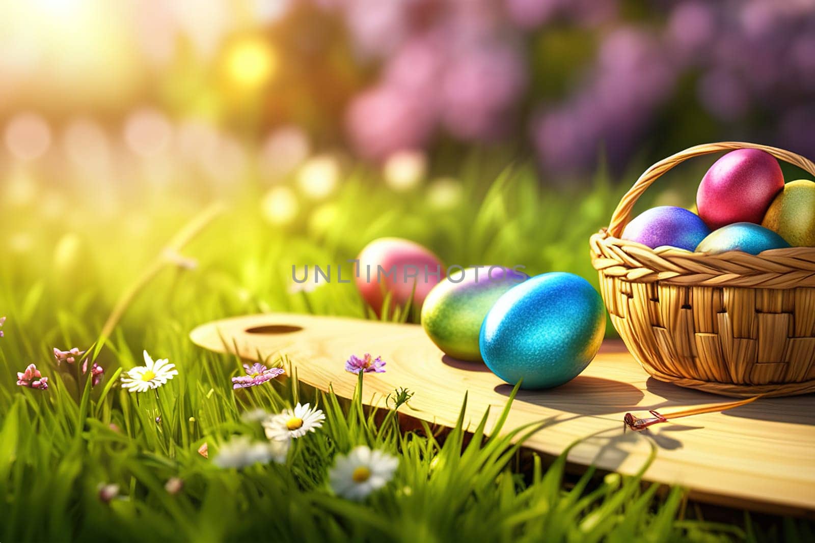 Basket of easter eggs on green grass with flowers at sunny day.