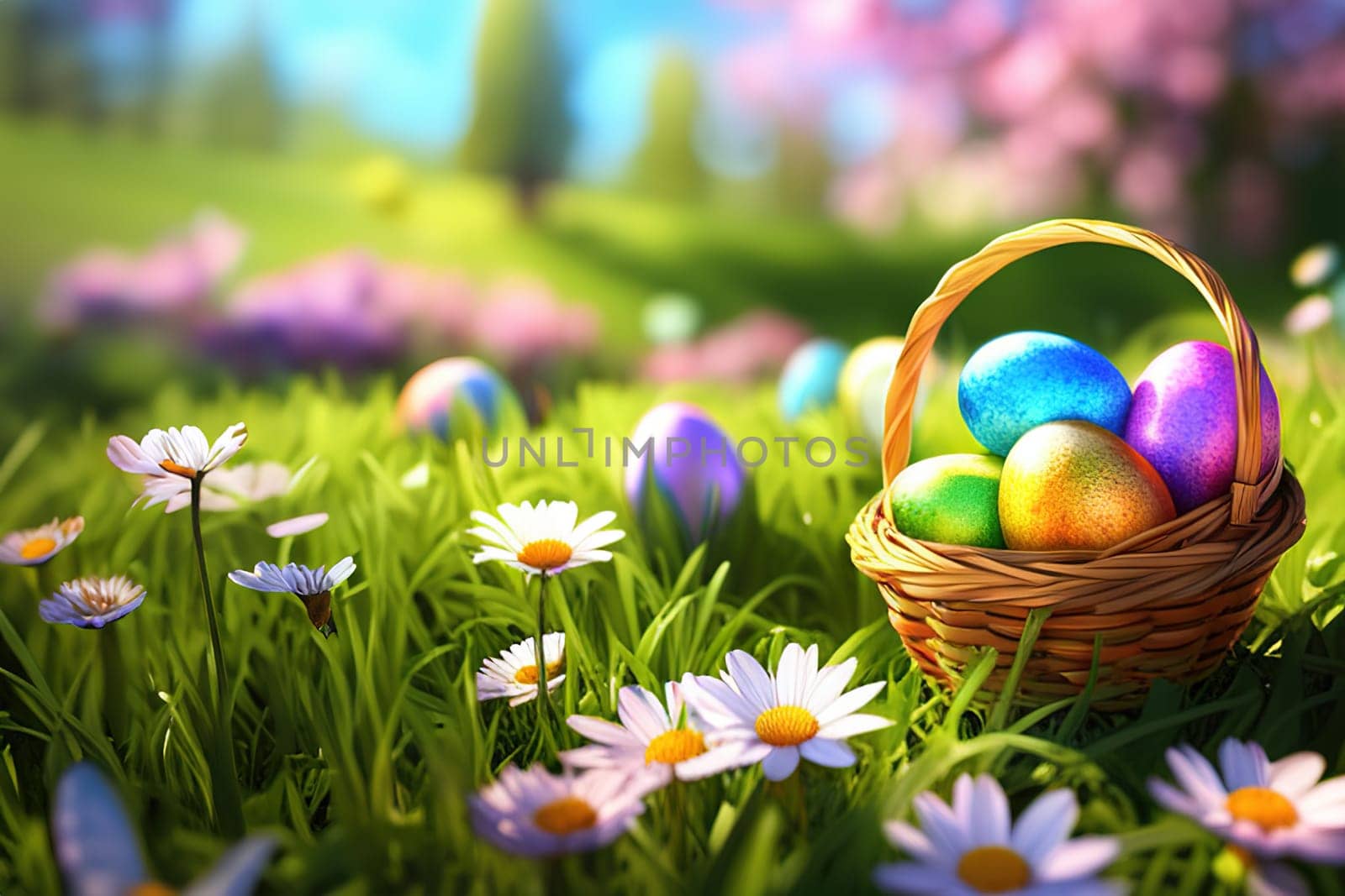 Basket of easter eggs on green grass with flowers at sunny day.