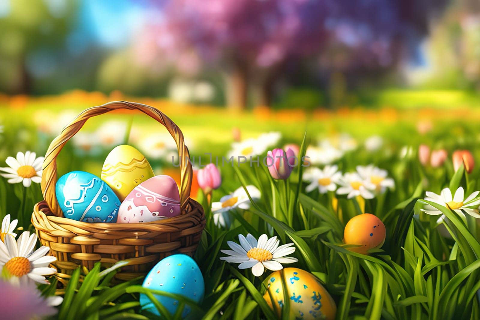 Basket full of colorful easter eggs on green grass in the garden on a sunny day.