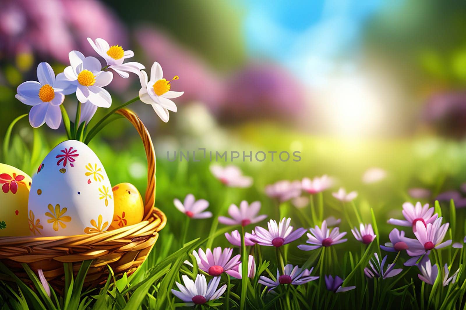 Basket with easter eggs in grass on a sunny spring day Easter decoration by EkaterinaPereslavtseva