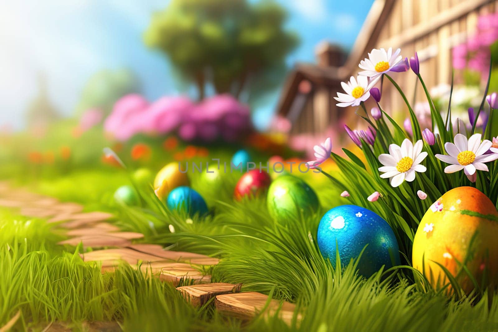 Easter, Painted Eggs In Basket On Grass In Sunny Orchard with Blooming Flowers