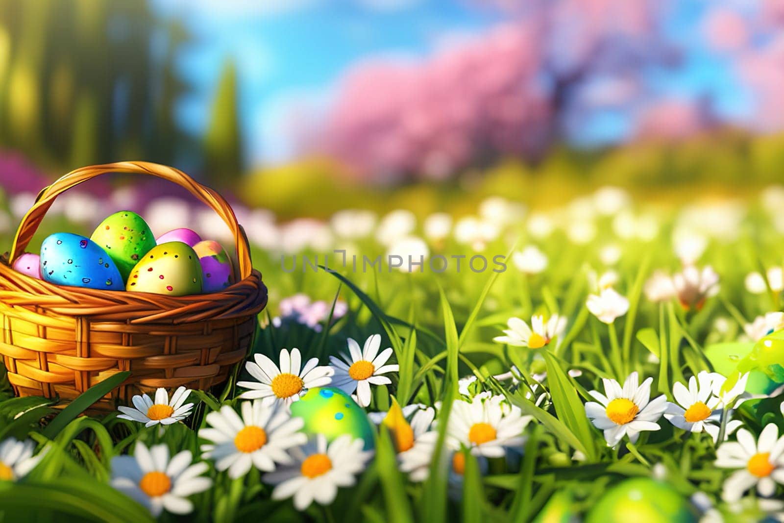 Basket with easter eggs in grass on a sunny spring day Easter decoration, banner, panorama, background.