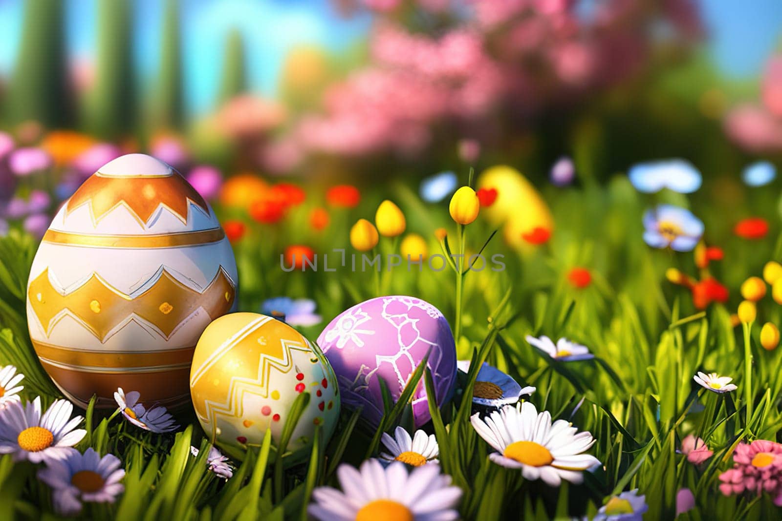 Basket full of colorful easter eggs on green grass in the garden on a sunny day.