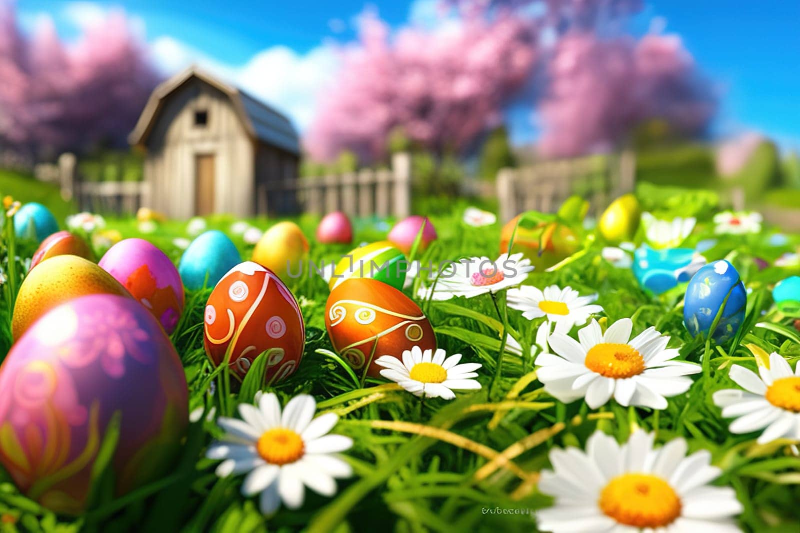 Basket of easter eggs with flowers spring