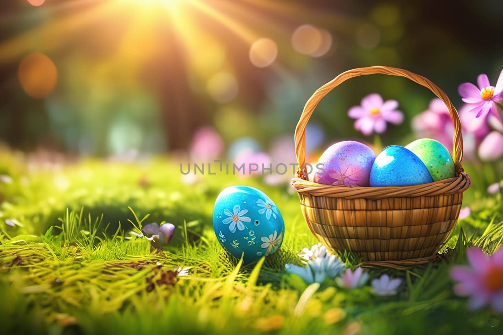 Basket of easter eggs on green grass with flowers at sunny day.