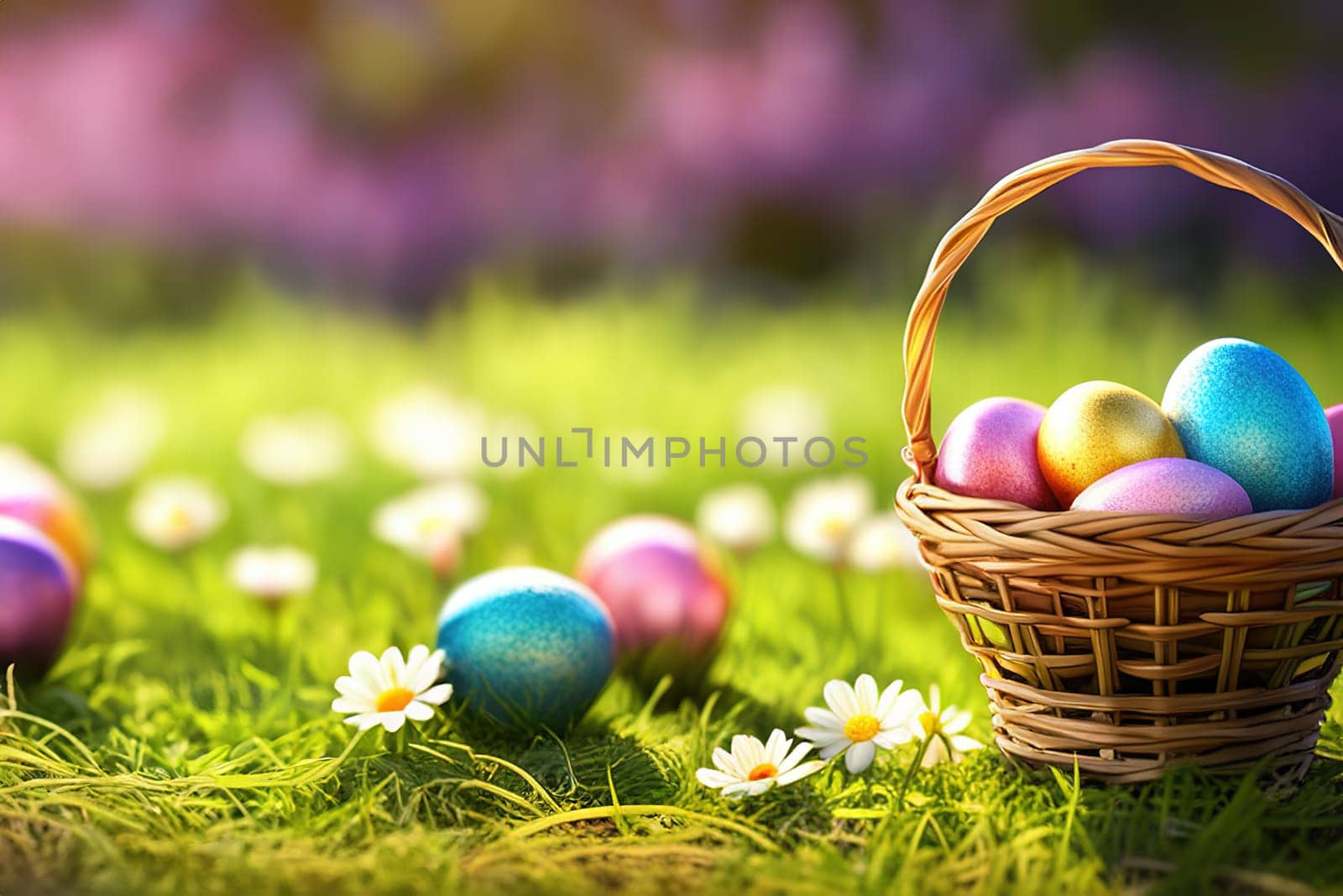 Easter basket with eggs and flowers, sunny meadow background, green grass by EkaterinaPereslavtseva