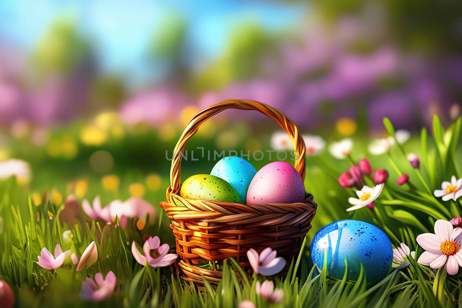 Easter basket with eggs and flowers, sunny meadow background, green grass and sunny spring background.