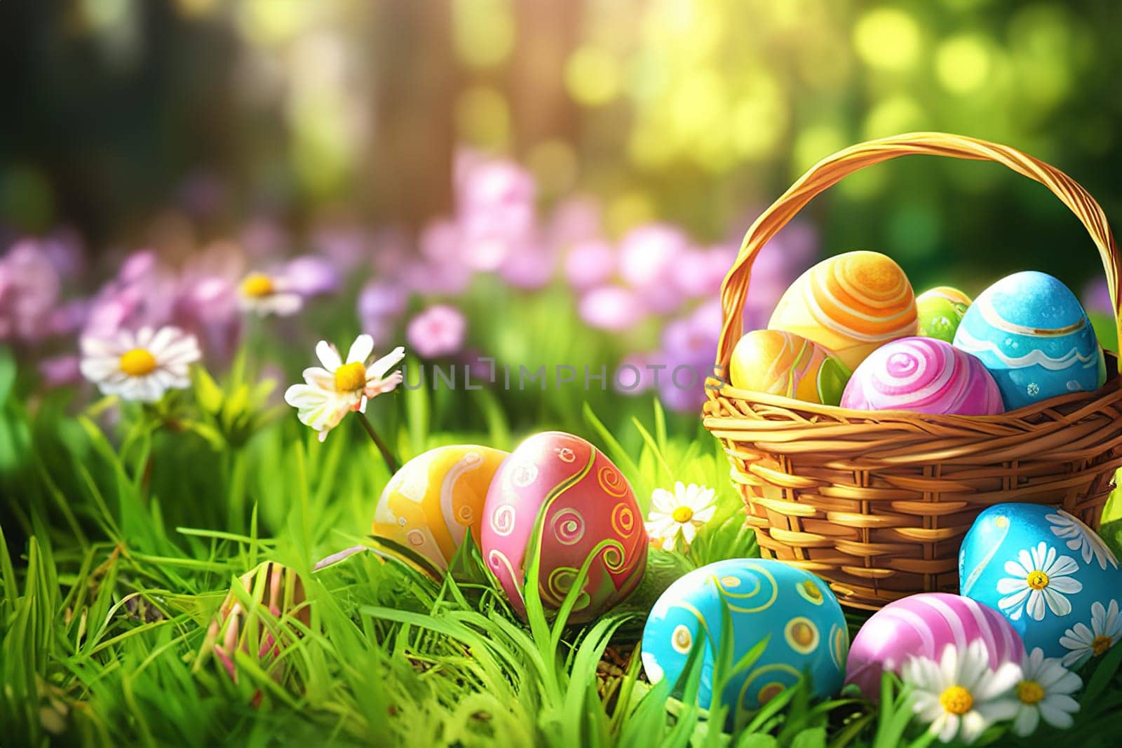 Basket of easter eggs with flowers on the grass in a sunny spring garden