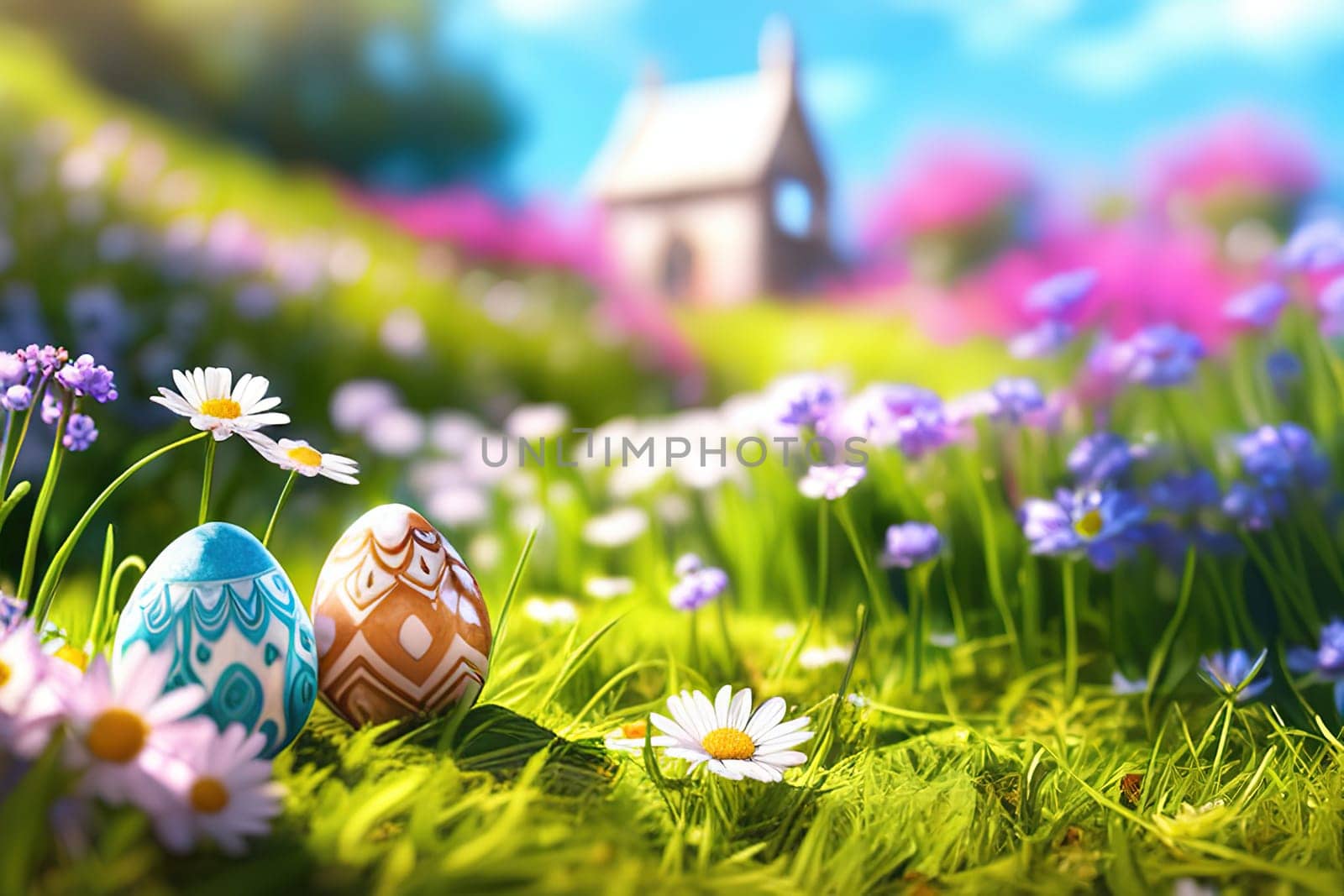 Basket of easter eggs on green grass with flowers at sunny day.