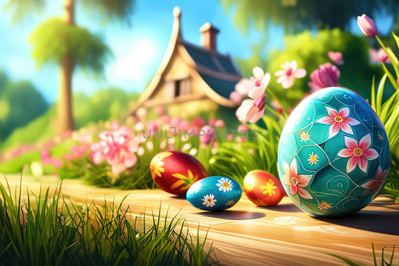 Basket of easter eggs with flowers on the grass in a sunny spring garden