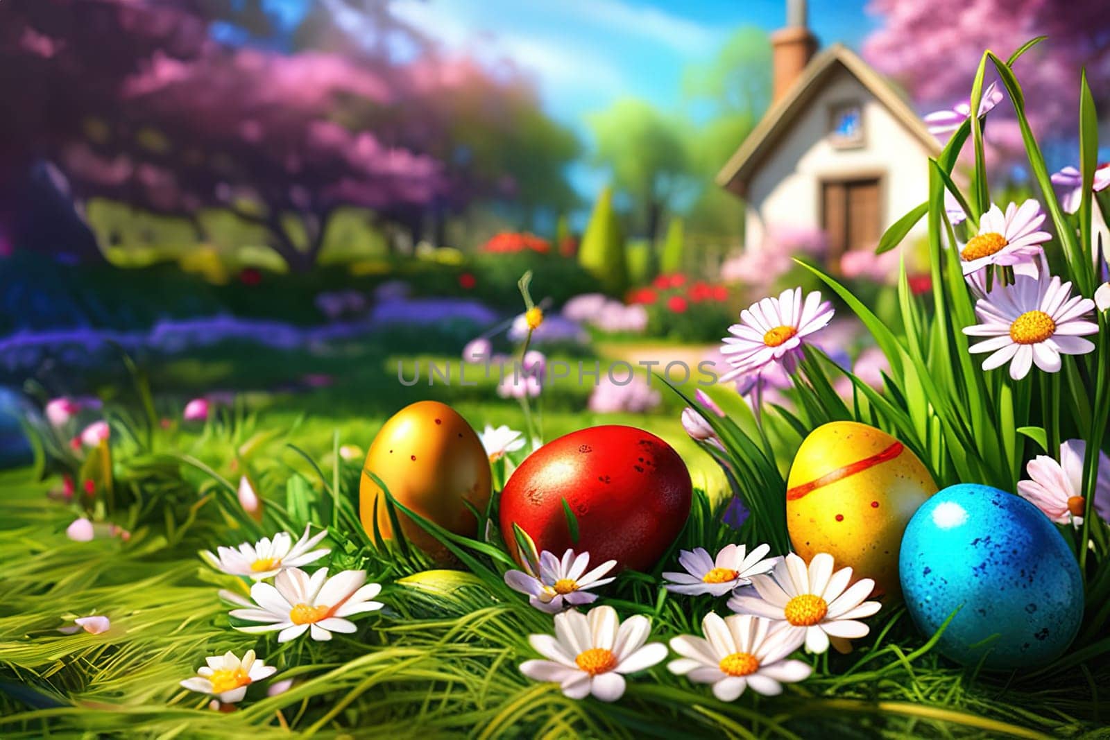 Easter basket with eggs and flowers, sunny meadow background, green grass and sunny spring background.