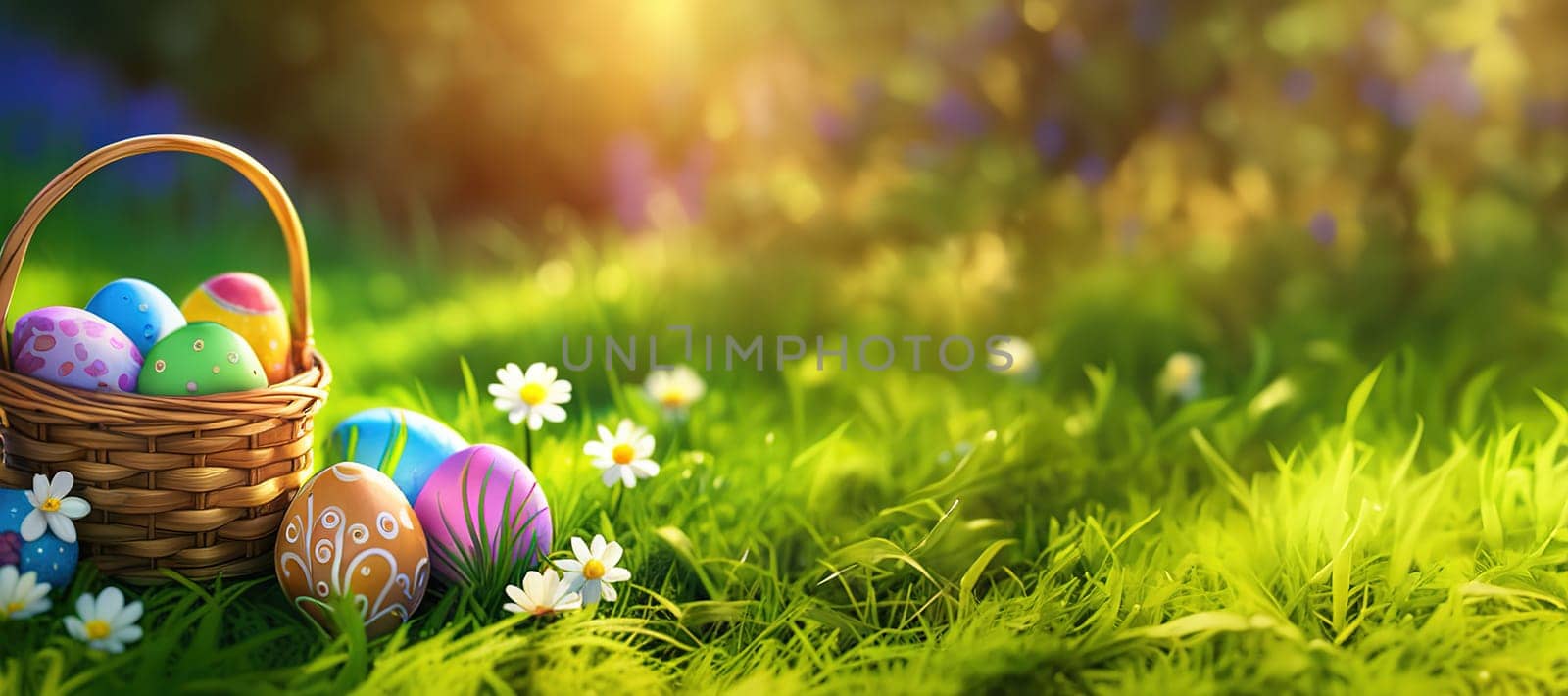 Basket full of colorful easter eggs on green grass in the garden on a sunny day by EkaterinaPereslavtseva