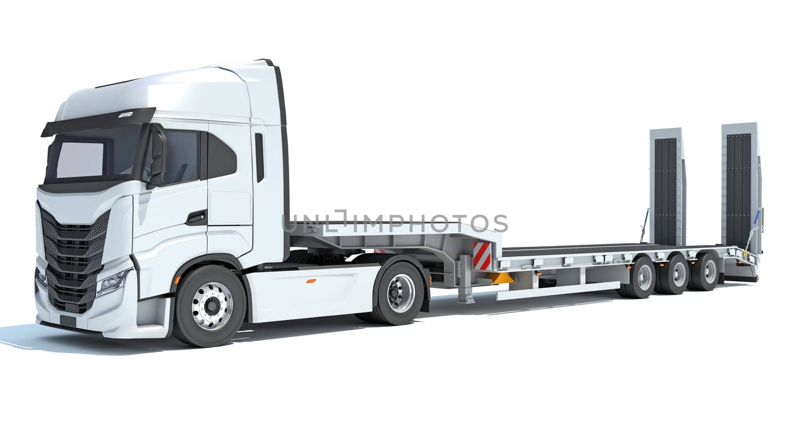 Semi Truck with Lowboy Platform Trailer 3D rendering on white background by 3DHorse