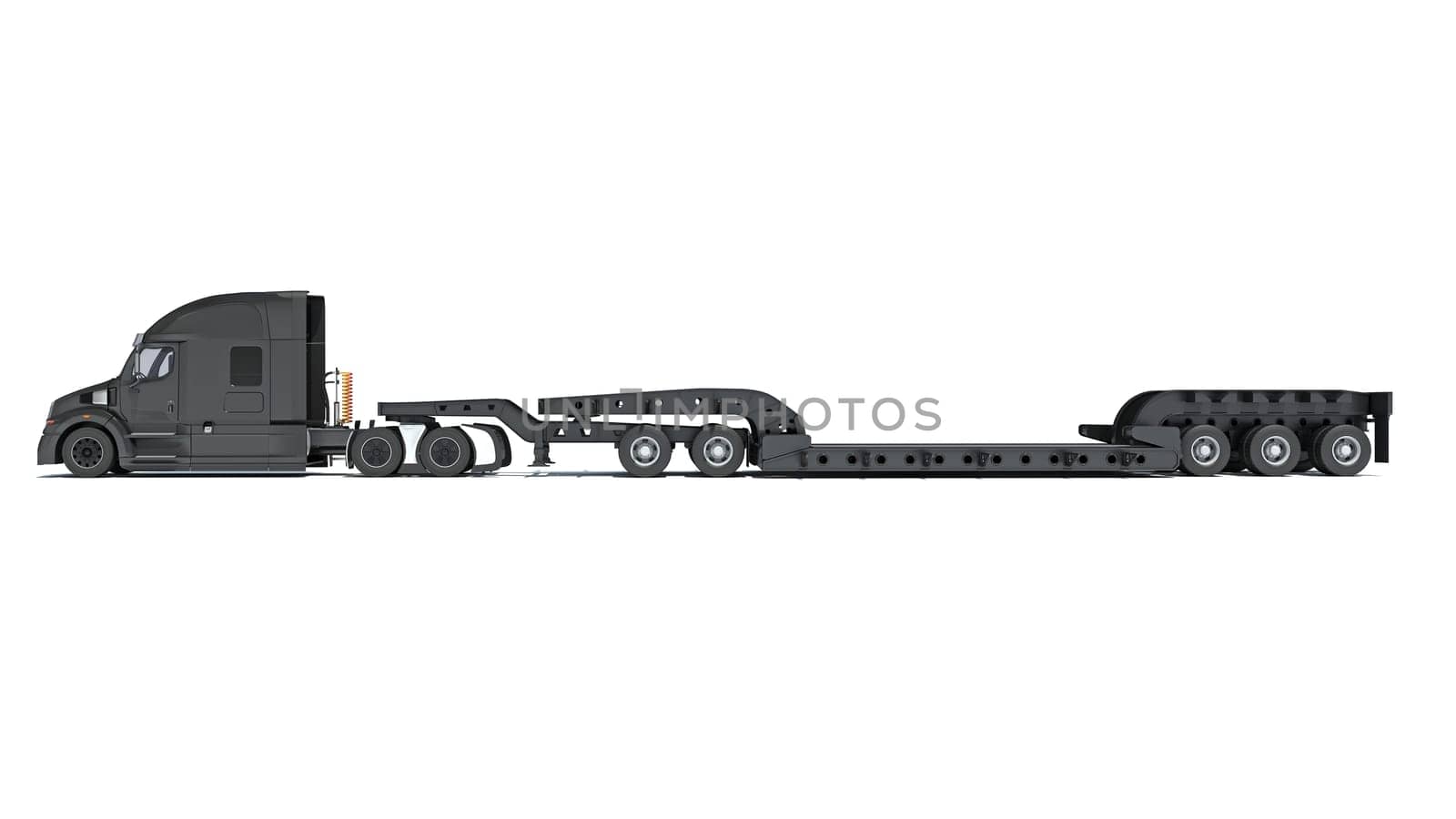 Semi Truck with Lowboy Platform Trailer 3D rendering model on white background