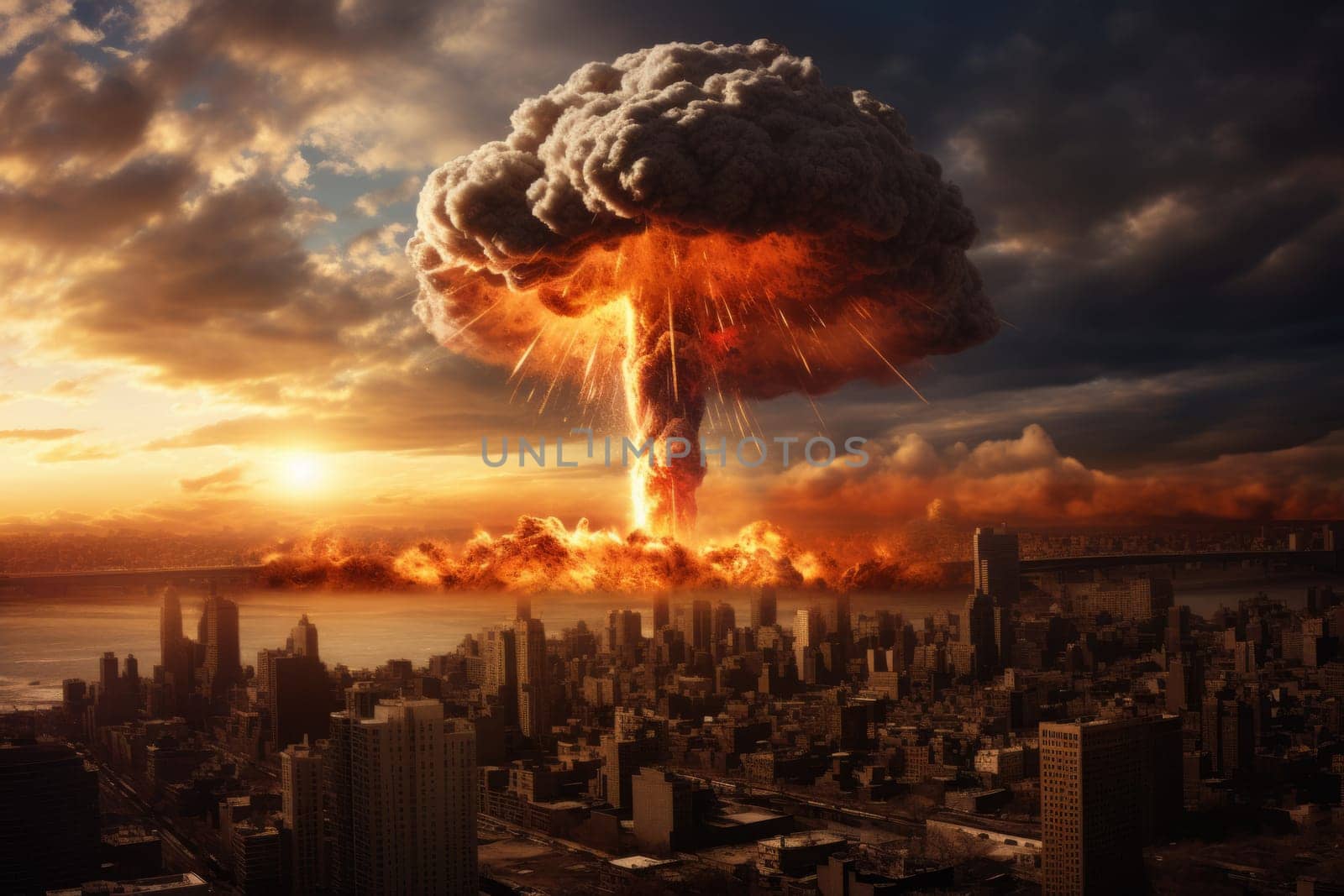 Nuclear explosion over the city. Concept of nuclear war or nuclear strike