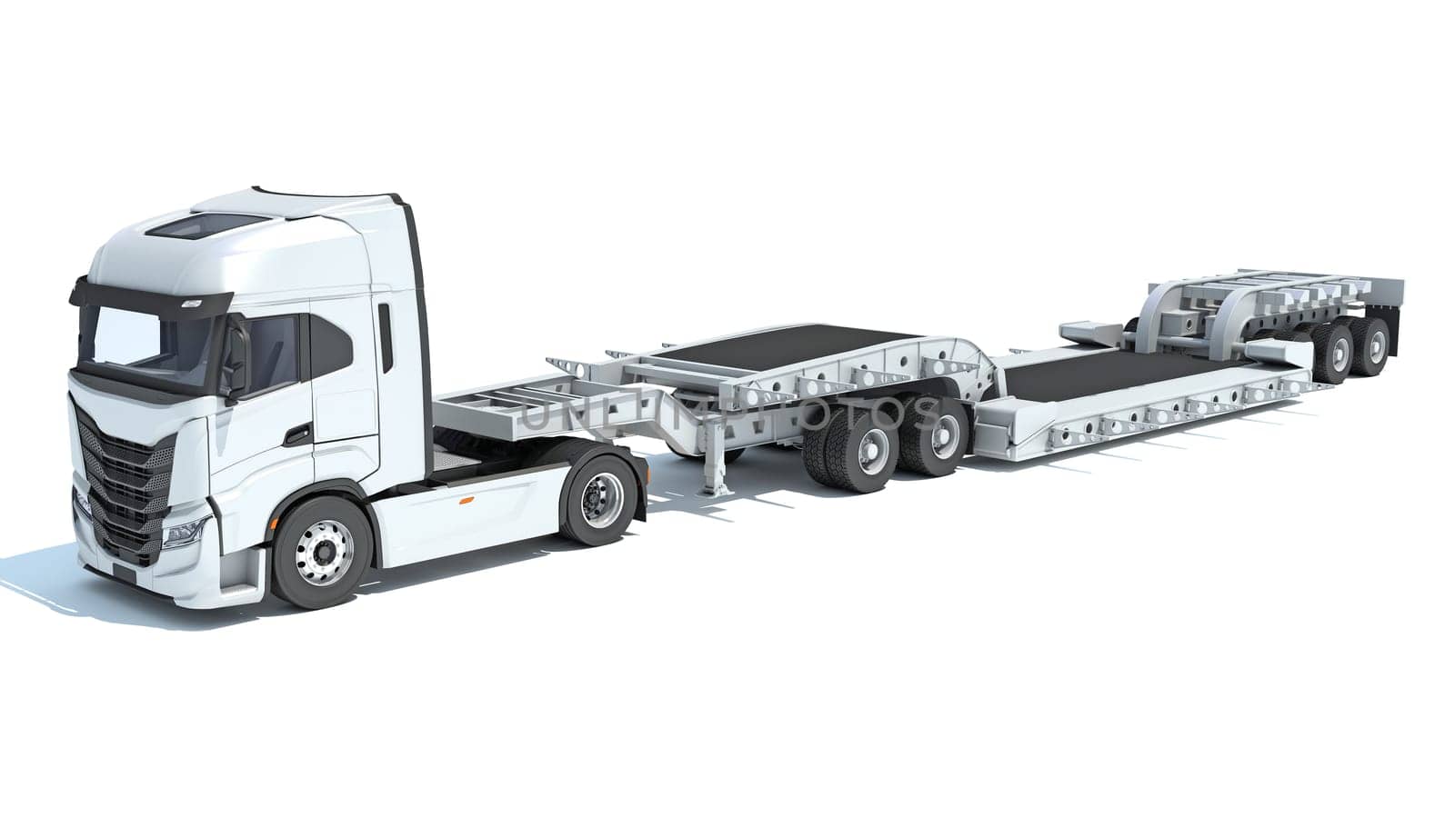 Semi Truck with Lowboy Platform Trailer 3D rendering on white background by 3DHorse