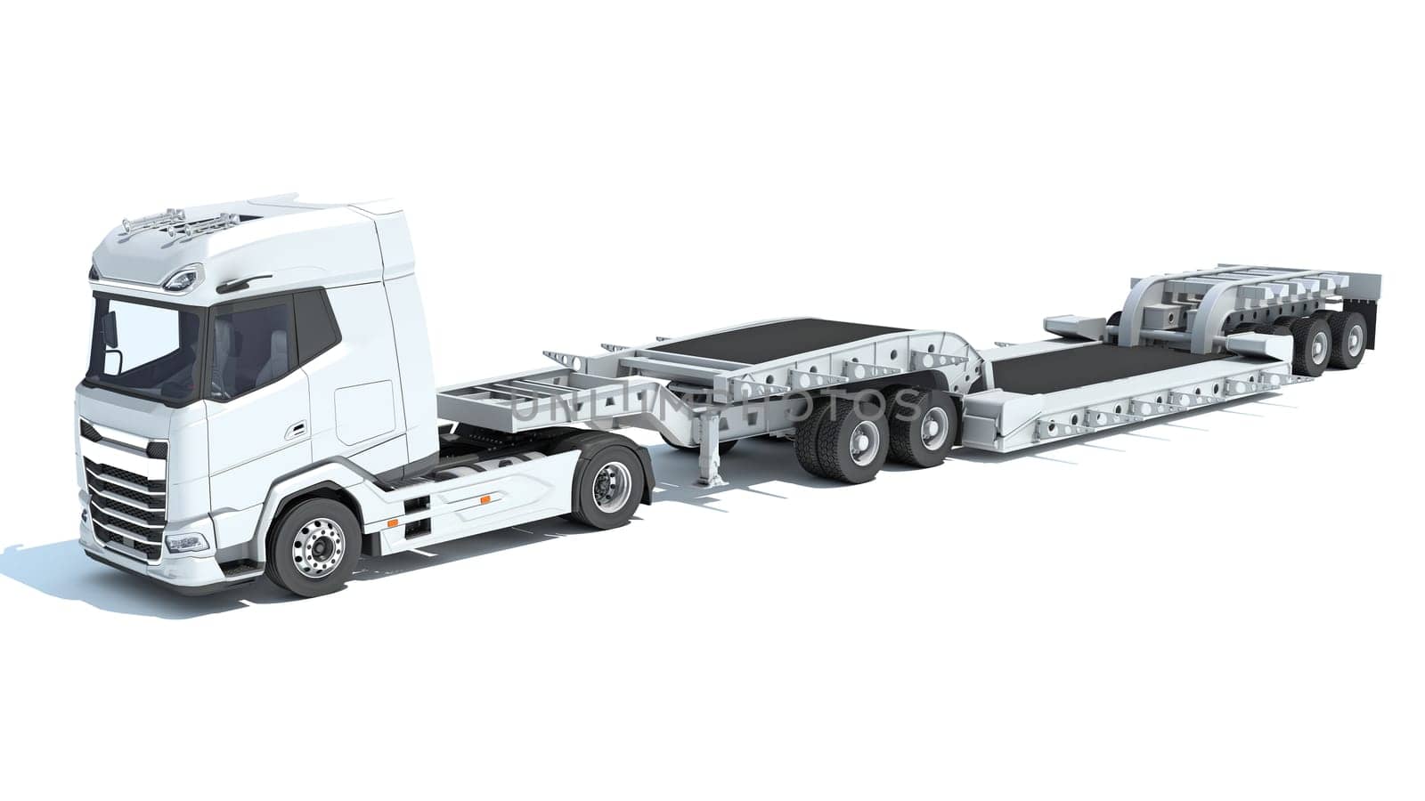 Semi Truck with Lowboy Platform Trailer 3D rendering model on white background