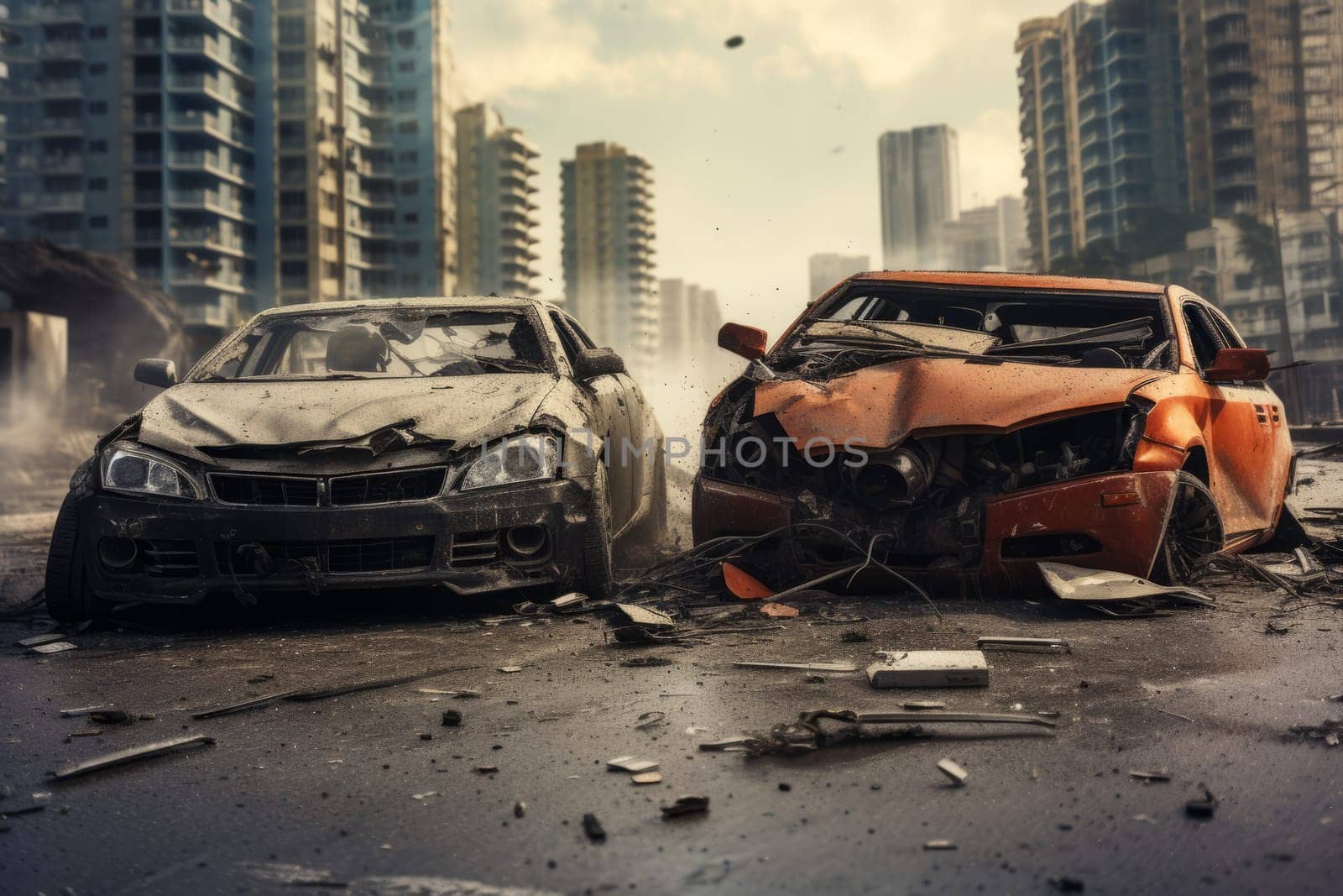 Two cars crashed on road in the ruined city. Post-apocalyptic concept of the end of the world or war and destruction