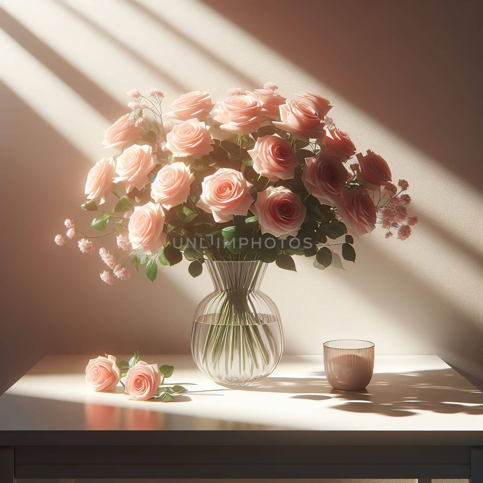Bouquet of roses on the table with light from the window. High quality illustration
