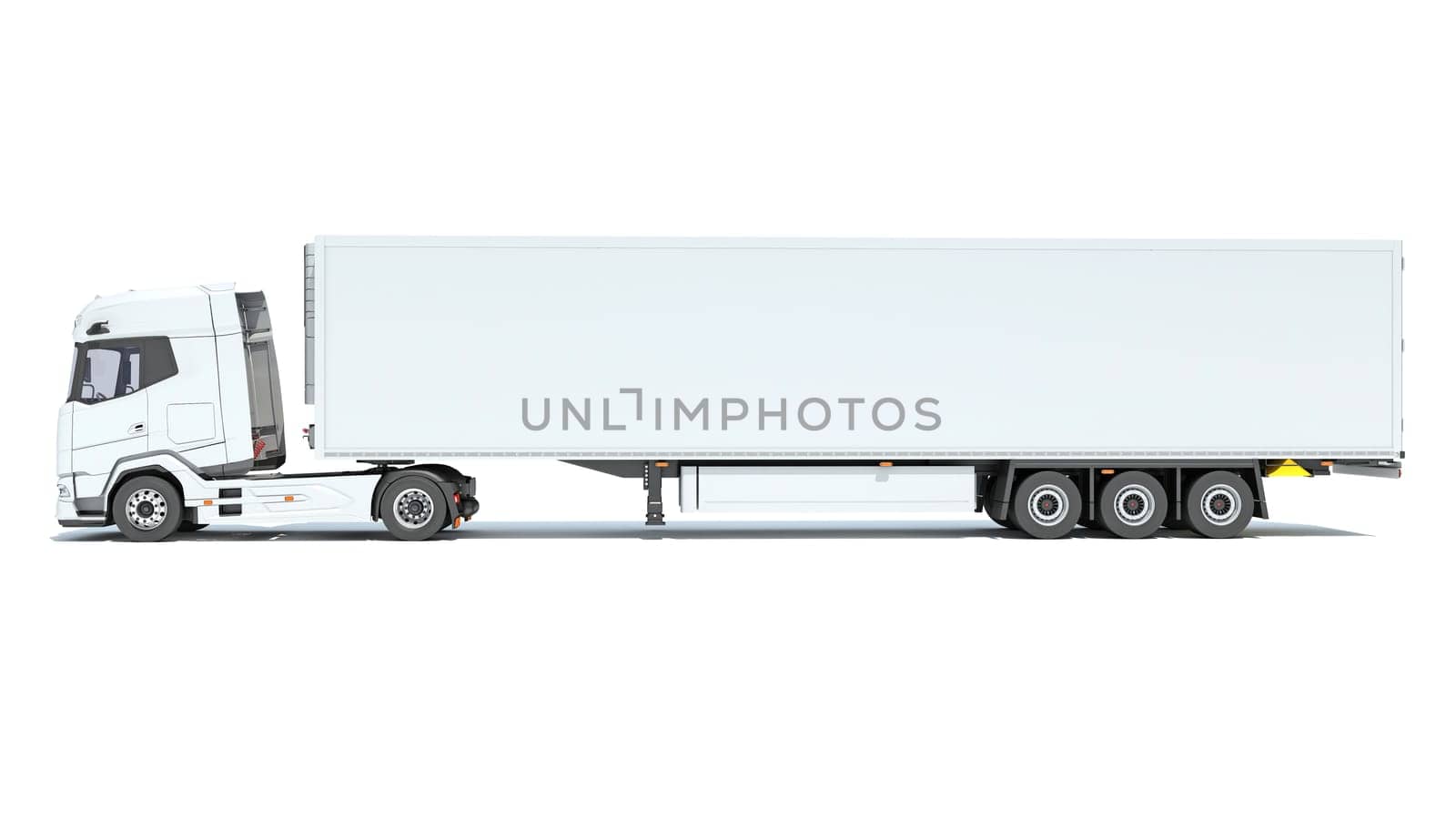 Truck with Reefer Refrigerator Trailer 3D rendering model on white background