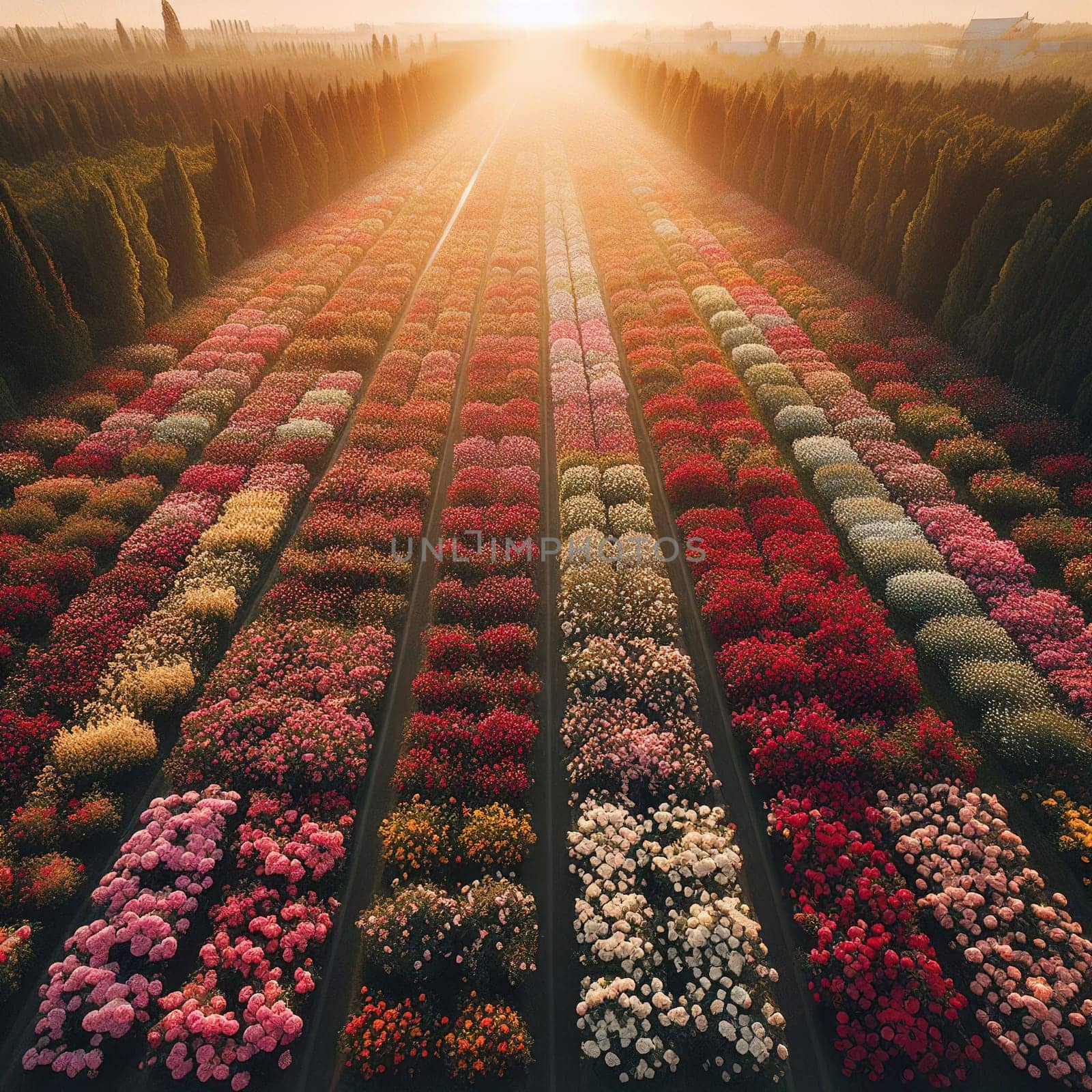 Fields of flowers at sunset. Generative AI by gordiza