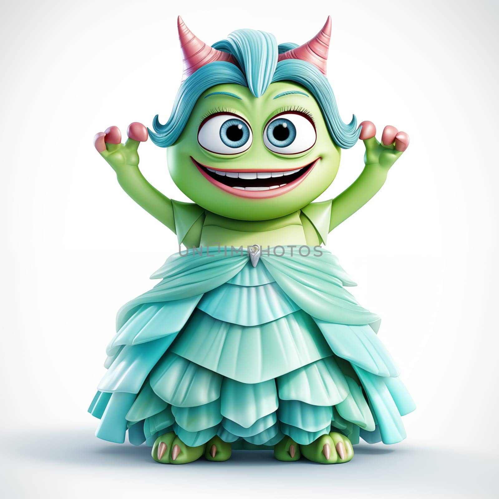 Happy green stylish monster in blue dress, standing on a white background.